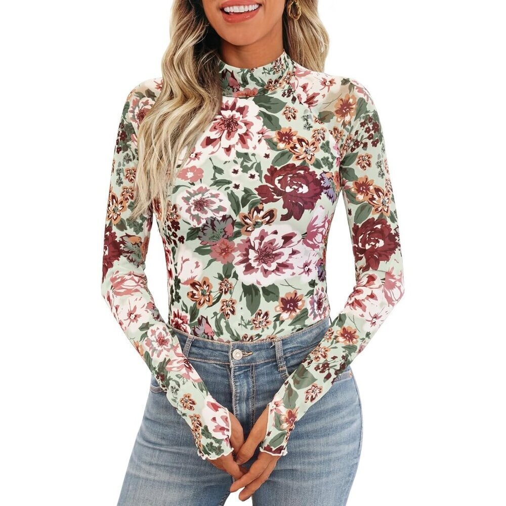 Women's Floral Spiced Mockneck Fashion Spring Lace Sheer Mesh Going Out Tops - Picture 1 of 6